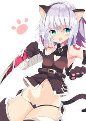 Rule 34 | 1girl, :d, absurdres, animal ears, animal hands, armpits, bandaged arm, bandages, belt, blush, cat ears, cowboy shot, fate/apocrypha, fate (series), gloves, green eyes, hair between eyes, highres, holding, holding weapon, jack the ripper (fate/apocrypha), looking at viewer, navel, open mouth, paw gloves, paw print, short hair, simple background, smile, solo, te toga, weapon, white background, white hair