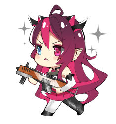 Rule 34 | 1340smile, 1girl, absurdres, blush, c.a.r. smg, chibi, commentary, detached sleeves, english commentary, gun, hair behind ear, halterneck, heterochromia, highres, holding, holding gun, holding weapon, hololive, hololive english, horns, irys (hololive), irys (irys 1.0) (hololive), multiple horns, open mouth, pantyhose, pink skirt, pointy ears, purple hair, running, skirt, solo, sparkle, titanfall (series), titanfall 2, virtual youtuber, weapon