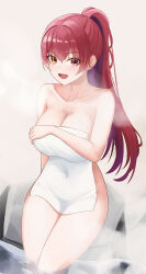 Rule 34 | 1girl, breasts, cleavage, collarbone, commentary, covered navel, covering privates, heterochromia, highres, hololive, houshou marine, large breasts, long hair, nude cover, onsen, open mouth, ponytail, red eyes, red hair, sitting, smile, solo, steam, towel, virtual youtuber, wading, yellow eyes, yt9676