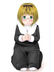 Rule 34 | 1girl, artist request, blonde hair, blush, bow, dress, expressionless, glasses, green eyes, own hands clasped, jewelry, kneeling, kozue akari, looking at viewer, necklace, nun, own hands together, short hair