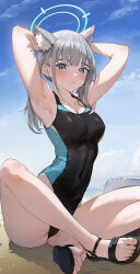 Rule 34 | 1girl, animal ear fluff, animal ears, armpits, arms behind head, arms up, bare shoulders, beach, blue archive, blue eyes, blue one-piece swimsuit, blue sky, blush, breasts, cleavage, collarbone, commentary request, competition swimsuit, covered navel, cross hair ornament, day, extra ears, feet, grey hair, hair ornament, halo, highres, indian style, looking at viewer, medium breasts, medium hair, mhk (mechamania), multicolored clothes, multicolored swimsuit, official alternate costume, one-piece swimsuit, outdoors, sandals, shiroko (blue archive), shiroko (swimsuit) (blue archive), short ponytail, sitting, sky, solo, swimsuit, toenails, toes, wet, wolf ears