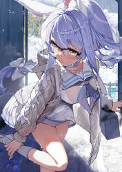 Rule 34 | 1girl, animal ears, braid, breasts, glasses, hair ribbon, haruhina purple, highres, hololive, hood, hoodie, long hair, neckerchief, official alternate costume, rabbit ears, rabbit girl, rain, ribbon, see-through, small breasts, socks, solo, striped clothes, striped socks, usada pekora, usada pekora (casual), virtual youtuber, wet, wet clothes