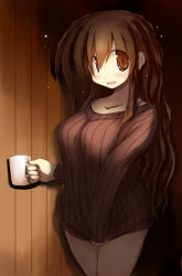 Rule 34 | 1girl, bare legs, blush, bottomless, breasts, brown eyes, brown hair, covering privates, cup, darkness, embarrassed, indoors, long hair, looking at viewer, open mouth, original, sakaki (noi-gren), solo, standing, sweatdrop, sweater