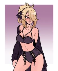 Rule 34 | 1girl, alternate hairstyle, bathrobe, bikini, black bikini, blonde hair, blush, breasts, cleavage, commentary, contrapposto, creatures (company), cynthia (pokemon), english commentary, game freak, hair ornament, hair over one eye, hair up, highres, lace-up, lips, long hair, medium breasts, navel, nintendo, off shoulder, pokemon, pokemon dppt, purple bikini, purple eyes, scruffyturtles, solo, standing, swimsuit, updo