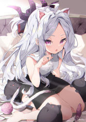 Rule 34 | 1girl, :o, ahoge, animal ears, bare legs, bare shoulders, barefoot, black skirt, blue archive, blush, cat ears, cat tail, collared shirt, commentary request, fake animal ears, hairband, highres, hina (blue archive), horns, koyubita, long hair, looking at viewer, miniskirt, multiple horns, on bed, parted bangs, paw pose, pillow, pink eyes, shirt, signature, silver hair, sitting, skirt, solo, stuffed animal, stuffed cat, stuffed toy, tail, very long hair, white shirt