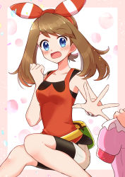 Rule 34 | 1girl, armpits, bag, bare shoulders, bike shorts, black shorts, blue eyes, blush, bow, breasts, brown hair, child, clenched hand, collarbone, creatures (company), dress, embarrassed, eyelashes, fanny pack, female focus, game freak, gen 6 pokemon, hair bow, hair ribbon, haru (haruxxe), highres, legs, may (pokemon oras), medium hair, neck, nintendo, outstretched hand, pink dress, pokemon, pokemon oras, red shirt, ribbon, shiny clothes, shiny skin, shirt, short ponytail, short shorts, shorts, side bangs, sidelocks, sitting, skin tight, sleeveless, sleeveless shirt, small breasts, thighs, tomboy, two-tone bow, two-tone ribbon, worried, wristband