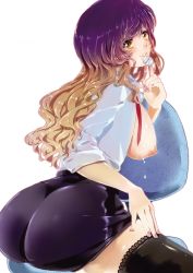 Rule 34 | 1girl, ass, breasts, chair, condom, condom in mouth, female focus, gradient hair, highres, hijiri byakuren, huge ass, lingerie, long hair, looking at viewer, mouth hold, multicolored hair, nail polish, necktie, nipples, no bra, on chair, poko (mammypoko), sideboob, sitting, skirt, solo, thighs, touhou, underwear, white background, yellow eyes