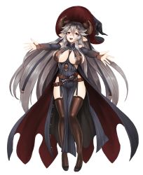 Rule 34 | 1girl, :d, barbariank, bare shoulders, belt, breasts, brown eyes, brown thighhighs, commentary, covered erect nipples, draph, english commentary, full body, garter straps, granblue fantasy, grey hair, hair between eyes, hair spread out, hat, highres, horns, large breasts, long hair, looking at viewer, magisa (granblue fantasy), open mouth, outstretched arms, pelvic curtain, pointy ears, revealing clothes, shoes, simple background, smile, solo, spread arms, striped, thighhighs, vertical stripes, very long hair, white background, witch hat