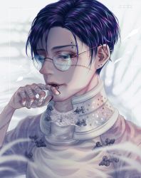 Rule 34 | 1boy, aki (xxparadexx), asymmetrical bangs, bad id, bad pixiv id, bandaged fingers, bandages, barbell piercing, black hair, black nails, body piercings, collar, ear piercing, earrings, eyebrow piercing, finger to mouth, glasses, highres, industrial piercing, jewelry, lip piercing, looking at viewer, looking down, male focus, nail polish, original, piercing, scar, short hair, solo, stitched face, stitched hand, stitches, upper body