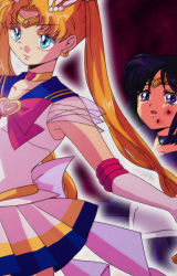 Rule 34 | 1990s (style), 2girls, bad id, bad pixiv id, bishoujo senshi sailor moon, black hair, blonde hair, blue eyes, blue sailor collar, bow, brooch, calm okome, choker, elbow gloves, gloves, heart, heart brooch, highres, jewelry, long hair, multicolored clothes, multicolored skirt, multiple girls, protecting, purple eyes, red bow, retro artstyle, sailor collar, sailor moon, sailor saturn, short hair, skirt, super sailor moon, tiara, tomoe hotaru, tsukino usagi, twintails, white gloves