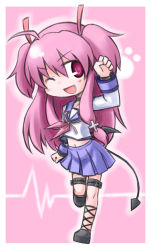 Rule 34 | 10s, 1girl, ;d, angel beats!, demon tail, fang, kugelschreiber, long hair, one eye closed, open mouth, pink background, pink eyes, pink hair, school uniform, serafuku, smile, solo, tail, two side up, very long hair, wink, yui (angel beats!)
