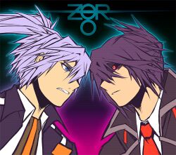 Rule 34 | 2boys, beatmania, beatmania iidx, black coat, black hair, black sclera, blue eyes, brothers, clenched teeth, coat, collared shirt, colored sclera, commentary request, dark persona, ereki (beatmania), hair between eyes, high ponytail, long bangs, long hair, looking at another, male focus, maoh (aburaage0528), multiple boys, necktie, red eyes, red necktie, shilow, shirt, short hair, siblings, teeth, upper body, white shirt