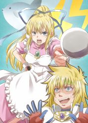 Rule 34 | 1boy, 1girl, apron, armor, blonde hair, blue eyes, blush, breasts, brother and sister, dress, fingerless gloves, fish, frills, gloves, hairband, lilith aileron, long hair, open mouth, ponytail, ribbon, siblings, stahn aileron, tales of (series), tales of destiny