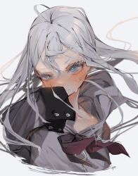 Rule 34 | 1girl, absurdres, ahoge, blue eyes, blush, closed mouth, commentary, grey background, grey hair, grey shirt, hair between eyes, highres, long hair, looking at viewer, neckerchief, project sekai, red neckerchief, revision, shirt, simple background, sleeves past fingers, sleeves past wrists, solo, tsune (tune), upper body, yoisaki kanade