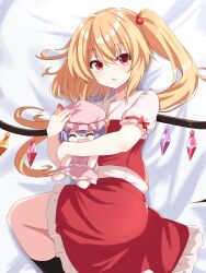 Rule 34 | 1girl, absurdres, ascot, black socks, blonde hair, blush, collarbone, crystal, hugging doll, flandre scarlet, flat chest, from above, hair between eyes, highres, holding, looking at viewer, lying, no headwear, hugging object, on bed, on side, open mouth, puffy short sleeves, puffy sleeves, red eyes, red skirt, red vest, remilia scarlet, remiria100, short hair with long locks, short sleeves, side ponytail, skirt, socks, solo, touhou, vest, wings