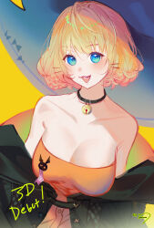 Rule 34 | 1girl, :3, absurdres, alternate breast size, bare shoulders, bell, black jacket, blonde hair, blue eyes, blush, breasts, cleavage, collarbone, commentary, dress, english commentary, english text, hat, highres, jacket, jingle bell, laiwa, large breasts, large hat, looking at viewer, medium hair, millie parfait, nijisanji, nijisanji en, open mouth, signature, sleeveless, sleeveless dress, solo, virtual youtuber, witch hat, yellow background