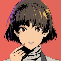 Rule 34 | 1girl, braid, brown hair, crown braid, fingernails, hand up, high contrast, highres, light smile, looking at viewer, nail polish, niijima makoto, parted lips, persona, persona 5, portrait, red background, red eyes, red nails, sharp fingernails, short hair, simple background, solo, yamagami mozuku