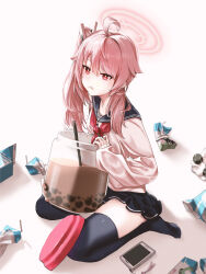 Rule 34 | 1girl, absurdres, ahoge, black sailor collar, black skirt, black thighhighs, blue archive, blush, cardigan, cellphone, closed mouth, drink, drinking straw, gen (hirokaz02), halo, highres, long hair, long sleeves, milk carton, natsu (blue archive), neckerchief, phone, pink hair, pink halo, pleated skirt, red eyes, red neckerchief, sailor collar, side ponytail, skirt, smartphone, solo, thighhighs, white cardigan