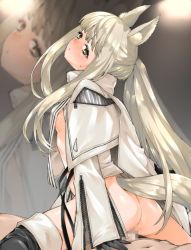 Rule 34 | 1boy, 1girl, akitsuki itsuki, animal ears, anus, arknights, ass, black thighhighs, blonde hair, blush, bottomless, breasts, capelet, censored, closed mouth, clothed female nude male, commission, from behind, grey eyes, hetero, looking at viewer, nipples, no panties, nude, penis, platinum (arknights), ponytail, pov, pussy, reverse cowgirl position, sex, sex from behind, skeb commission, small breasts, solo focus, straddling, sweat, tail, thighhighs, twintails, vaginal, white capelet, zoom layer