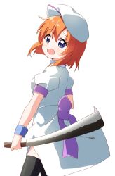 Rule 34 | 1girl, :d, black thighhighs, blue eyes, brown hair, cleaver, commentary request, cowboy shot, dress, from side, hair between eyes, haru (konomi 150), hat, highres, higurashi no naku koro ni, looking at viewer, looking to the side, nata (tool), open mouth, puffy short sleeves, puffy sleeves, ryuuguu rena, short hair, short sleeves, simple background, smile, solo, thighhighs, white background, white dress, white hat, wristband