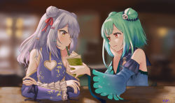 Rule 34 | 1boy, 1girl, absurdres, blush, bow, cup, detached sleeves, double bun, drinking straw, green hair, hair between eyes, hair bow, hair bun, hair ornament, highres, hololive, inuyama tamaki, jewelry, jtleeklm, md5 mismatch, noripro, open mouth, red eyes, shared food, short hair, skull hair ornament, smile, trap, uruha rushia, uruha rushia (1st costume), virtual youtuber