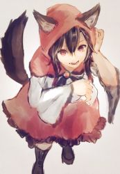 Rule 34 | 1girl, adapted costume, alternate costume, animal ears, boots, brown hair, cape, capelet, colorized, cosplay, dress, ears through headwear, grey background, hood, imaizumi kagerou, jewelry, kazusa ( 0576861614433), kouzuki kei, little red riding hood, little red riding hood (grimm), little red riding hood (grimm) (cosplay), long hair, long sleeves, looking at viewer, red cape, red eyes, red skirt, shirt, simple background, sketch, skirt, solo, tail, touhou, white shirt, wide sleeves, wolf ears, wolf tail