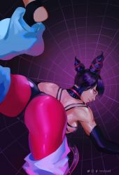 Rule 34 | 1girl, back, black hair, capcom, chinese clothes, detached sleeves, drill hair, dudou, eyeshadow, gradient background, halterneck, han juri, makeup, nextoad, purple background, purple eyes, purple legwear, short twintails, silk, simple background, solo, spider web, street fighter, street fighter iv (series), twin drills, twintails