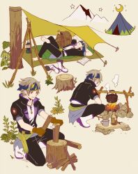 Rule 34 | 1boy, arms behind head, backpack, bag, barefoot, black jacket, black pants, blue blindfold, blue headband, boots, brown gloves, campfire, camping, cooking, crescent moon, earrings, final fantasy, final fantasy vi, firewood, gloves, grey hair, headband, jacket, jewelry, kisa tmy11, locke cole, lying, male focus, moon, mountain, multiple views, necklace, on back, on one knee, outdoors, pants, parted bangs, pendant, shirt, shoes, unworn shoes, short hair, short sleeves, sleeping, smile, solo, squatting, tent, white footwear, white shirt