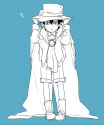 Rule 34 | 1boy, ?, adjusting clothes, adjusting headwear, aged down, aqua theme, bad id, bad twitter id, black hair, blue background, blue eyes, blue theme, boots, child, cloak, cosplay, edmond dantes (fate), edmond dantes (fate) (cosplay), fate/grand order, fate (series), fujimaru ritsuka (male), full body, greyscale with colored background, hat, looking at viewer, male focus, monochrome, oversized clothes, shorts, simple background, solo, t3run