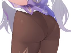 Rule 34 | 1girl, ass, ass focus, brown pantyhose, close-up, commentary, from behind, genshin impact, head out of frame, keqing (genshin impact), kuavera, long hair, lower body, panties, panties under pantyhose, pantyhose, pantylines, simple background, solo, thick thighs, thighs, underwear, unfinished, white background