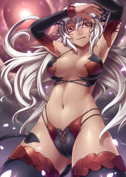 Rule 34 | 1girl, :q, armor, armpits, arms up, bare shoulders, bikini armor, breasts, collarbone, dark-skinned female, dark skin, demon girl, demon tail, detached sleeves, facial mark, female focus, fingernails, floating hair, highres, horns, large breasts, long fingernails, long hair, looking at viewer, midriff, nail polish, navel, original, pointy ears, red eyes, red nails, solo, standing, tail, thigh gap, thighhighs, tongue, tongue out, tsuki to kage, tsuki tokage, white hair