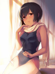 Rule 34 | 1girl, bad id, bad pixiv id, black eyes, black hair, blush, bob cut, breasts, competition swimsuit, curtains, desk, eyebrows, hair between eyes, hand up, hip focus, light rays, looking at viewer, medium breasts, on desk, one-piece swimsuit, original, scarf, short hair, sideboob, sitting, on desk, solo, striped clothes, striped one-piece swimsuit, swimsuit, thighs, tsukada nari, window