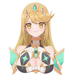 Rule 34 | 1girl, absurdres, bad id, bad pixiv id, bare shoulders, blonde hair, breasts, cleavage, cleavage cutout, closed mouth, clothing cutout, earrings, highres, jewelry, large breasts, long hair, looking at viewer, mythra (xenoblade), nintendo, papapa36, simple background, smile, solo, straight hair, swept bangs, tiara, upper body, white background, xenoblade chronicles (series), xenoblade chronicles 2, yellow eyes
