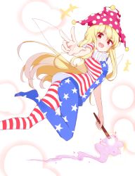 Rule 34 | +++, 1girl, american flag dress, american flag legwear, bad id, bad pixiv id, blonde hair, blush, clownpiece, collar, fairy wings, fang, fire, frilled collar, frilled shirt collar, frills, hat, highres, holding, jester cap, long hair, looking at viewer, open mouth, pantyhose, polka dot, red eyes, saple, short sleeves, simple background, solo, striped clothes, striped pantyhose, torch, touhou, v, very long hair, white background, wings