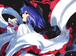 Rule 34 | 1girl, black background, black hat, blue hair, capelet, frilled capelet, frills, from side, hagoromo, hat, hat ribbon, kaigen 1025, long sleeves, nagae iku, open mouth, profile, red eyes, red ribbon, ribbon, shawl, shirt, short hair, smile, solo, touhou, upper body, white capelet, white shirt