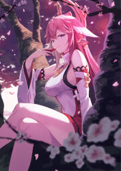 Rule 34 | 1girl, absurdres, animal ears, arm rest, bare shoulders, blurry, blurry foreground, breasts, cherry blossoms, crossed legs, cup, detached sleeves, earrings, falling petals, feet out of frame, fingernails, floppy ears, fox ears, genshin impact, hair between eyes, hair ornament, hand up, highres, holding, holding cup, in tree, japanese clothes, jewelry, large breasts, legs, long hair, looking at viewer, nontraditional miko, petals, pink hair, purple eyes, sakazuki, sideboob, siro joon, sitting, sitting in tree, sleeveless, sleeveless turtleneck, smile, solo, thighs, tree, turtleneck, wide sleeves, yae miko