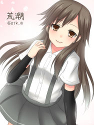 Rule 34 | 10s, 1girl, arashio (kancolle), arm warmers, brown eyes, brown hair, character name, from above, hanazome dotera, kantai collection, lips, long hair, looking at viewer, looking up, pleated skirt, school uniform, shirt, skirt, smile, solo, suspenders