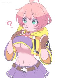 Rule 34 | 1girl, ?, ahoge, belt, blush, breasts, brown belt, brown gloves, clenched hand, coco guamrail, collarbone, commentary request, cosplay, cowboy shot, finger to mouth, fingerless gloves, gloves, green eyes, groin, hair between eyes, highres, hood, hood down, hooded jacket, jacket, kick-flight, large breasts, midriff, mixed-language commentary, nafuda, navel, open clothes, pink hair, pleated skirt, purple skirt, purple sports bra, ruriha (kick-flight), ruriha (kick-flight) (cosplay), short hair, short sleeves, sidelocks, simple background, skirt, solo, sports bra, triangle mouth, underboob, white background, yellow jacket