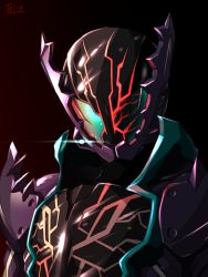 Rule 34 | 1boy, aqua eyes, armor, artist name, black background, commentary request, diffraction spikes, full armor, glowing, gradient background, helmet, highres, kamen rider, kamen rider build (series), kamen rider rogue, male focus, pauldrons, red background, shoulder armor, solo, tei-o, tokusatsu, upper body