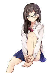 Rule 34 | 1girl, bad id, bad pixiv id, barefoot, black eyes, black hair, blue skirt, commentary request, feet, glasses, kurata rine, long hair, long sleeves, looking at viewer, original, revision, school uniform, simple background, sitting, skirt, soles, solo, toes, white background