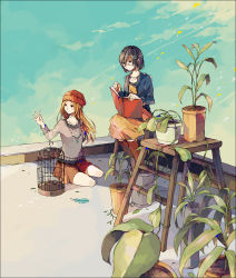 Rule 34 | 2girls, bad id, bad pixiv id, birdcage, black hair, blonde hair, book, brown eyes, cage, hair ornament, hairclip, jewelry, ladder, long hair, multiple girls, necklace, original, plant, potted plant, short hair, sitting, sky, yuuichi (bobobo)