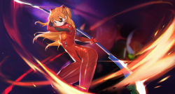Rule 34 | 1girl, blue eyes, bodysuit, breasts, closed mouth, commentary request, eyepatch, floating hair, holding, holding weapon, interface headset, leg up, long hair, looking at viewer, medium breasts, neon genesis evangelion, orange hair, plugsuit, polearm, red bodysuit, smile (mm-l), solo, souryuu asuka langley, spear, standing, standing on one leg, star (sky), two side up, v-shaped eyebrows, weapon