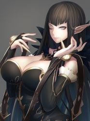 Rule 34 | 1girl, arched back, arms up, black dress, black hair, breasts, bridal gauntlets, cleavage, collarbone, commentary, detached sleeves, dress, fate/apocrypha, fate/grand order, fate (series), frills, fur trim, large breasts, long dress, long hair, minami koyogi, one eye closed, pointy ears, semiramis (fate), smile, solo, spikes, very long hair, yellow eyes