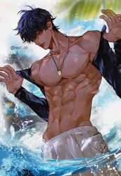 Rule 34 | 1boy, abs, bishounen, black hair, blue sky, clothes lift, collarbone, cowboy shot, expressionless, garbage time, hands up, highres, jewelry, long sleeves, male focus, male swimwear, nak1 00, navel, necklace, no nipples, palm tree, pectorals, pool, seong junsoo, short hair, sky, solo, swim trunks, tan, topless male, tree, water, water drop, watermark, wet, white male swimwear