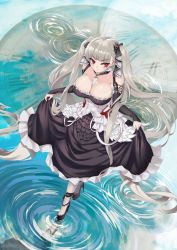 Rule 34 | 1girl, azur lane, bare shoulders, between breasts, bow, breasts, cleavage, clothes lift, dress, dress lift, formidable (azur lane), frills, grey hair, hair bow, high heels, kaorihero, large breasts, lifting own clothes, long hair, nail polish, red eyes, ripples, solo, twintails, very long hair, white legwear