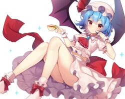 Rule 34 | 1girl, bat wings, blue eyes, closed mouth, collar, cup, frilled collar, frilled shirt, frilled skirt, frills, from below, hat, holding, holding cup, knees up, legs, looking at viewer, midriff, midriff peek, mob cap, red eyes, remilia scarlet, ribbon, ruhika, shirt, skirt, solo, thighs, touhou, white background, wings, wrist cuffs