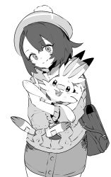 Rule 34 | 1girl, :d, backpack, bag, blush, cardigan, closed mouth, creatures (company), ddari, dress, game freak, gen 8 pokemon, gloria (pokemon), greyscale, hat, head tilt, highres, long sleeves, looking at viewer, monochrome, nintendo, open mouth, pokemon, pokemon (creature), pokemon swsh, scorbunny, simple background, smile, tam o&#039; shanter, teeth, upper teeth only, white background