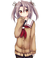 Rule 34 | 1girl, alternate costume, amano kouki, brown eyes, brown hair, cardigan, cosplay, flat chest, hair ribbon, highres, kantai collection, long hair, long sleeves, looking at viewer, murasame (kancolle) (cosplay), murasame (kancolle), pantyhose, ribbon, school uniform, simple background, sleeves past wrists, solo, twintails, two side up, white background, zuihou (kancolle)
