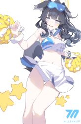 Rule 34 | 1girl, absurdres, amejaga, animal ears, bare shoulders, black hair, blue archive, blush, breasts, cheerleader, collarbone, crop top, dog ears, dog girl, dog tail, eyewear on head, halo, hibiki (blue archive), hibiki (cheer squad) (blue archive), highres, holding, holding pom poms, long hair, looking at viewer, medium breasts, midriff, millennium cheerleader outfit (blue archive), navel, open mouth, pom pom (cheerleading), pom poms, simple background, skirt, sleeveless, solo, sticker on arm, sticker on face, tail, thigh gap, underwear, white skirt
