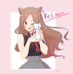 Rule 34 | :d, animal, animal ears, black shirt, blue eyes, blush, blush stickers, brown hair, cat, cat ears, commission, gradient hair, grey skirt, highres, holding, holding animal, holding cat, kagawa yuusaku, lace trim, multicolored hair, one eye closed, open mouth, original, pink background, red eyes, red neckwear, red ribbon, ribbon, shirt, signature, skeb commission, skirt, sleeveless, sleeveless shirt, smile, upper body, wavy hair, white background, white cat